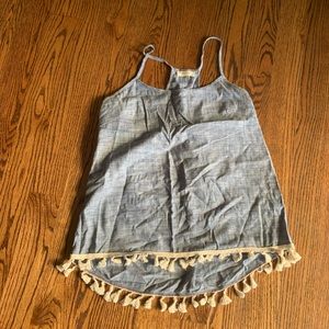 Chambray / denim top with tassel trim large
